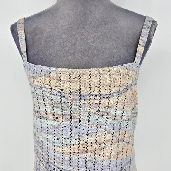 St John Evening Dress Womens 12 Beige Blue Sweater Stretch Knit Zipper Sequins - Picture 8 of 13